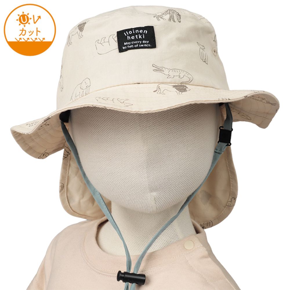 漁夫帽-動物印花 附防曬遮陽布-淺卡其色