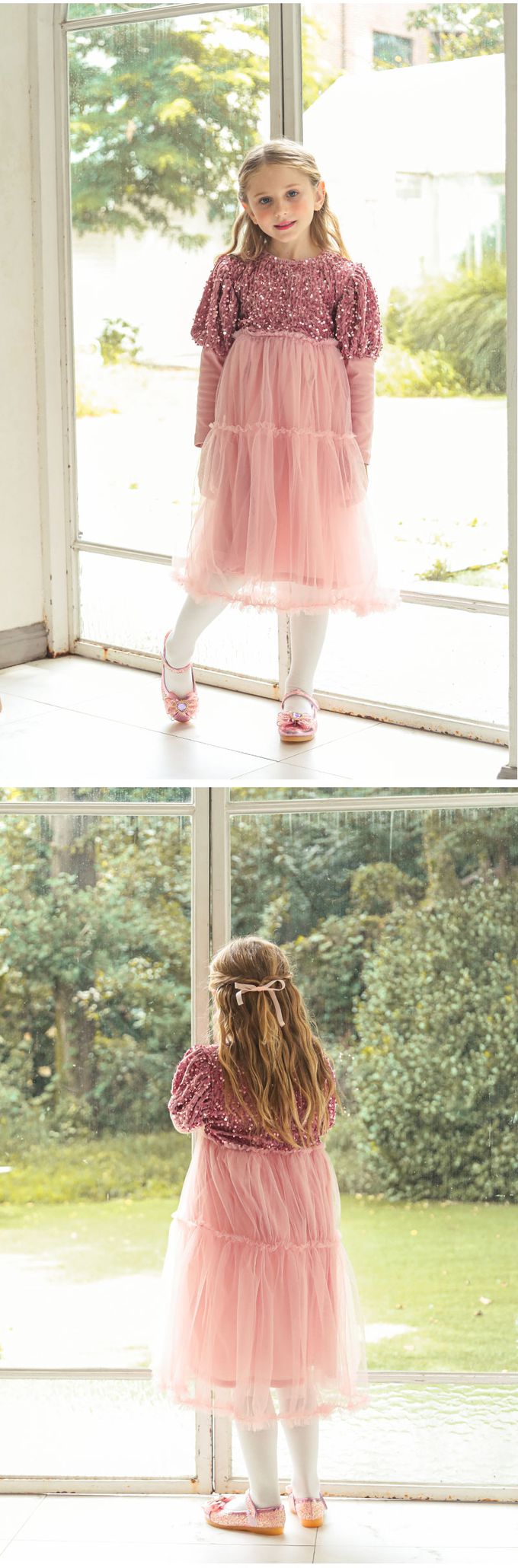 韓國 OZKIZ - 天鵝絨亮片點綴公主網紗洋裝-粉