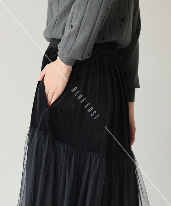 日本 BLUE EAST - 薄紗絲絨拼接飄逸長裙-(可選長度)-深藍