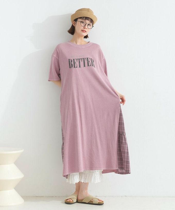 日本 Lupilien - 復古寬鬆格紋拼接短袖洋裝-BETTER-水藍