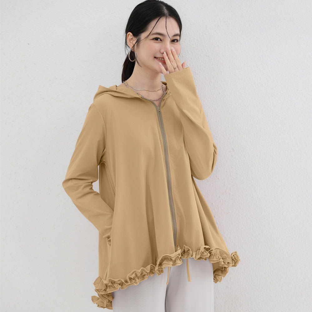 設計感前短後長連帽防曬外套-荷葉邊-淺咖色