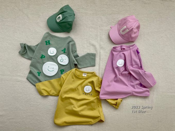 韓國 First Blue - 手繪微笑印長袖上衣-芥黃