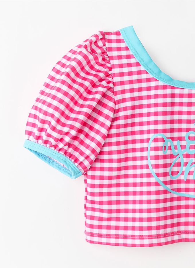 韓國 OZKIZ - 網格愛心印兒童泳裝/泳帽Set-桃粉X水藍