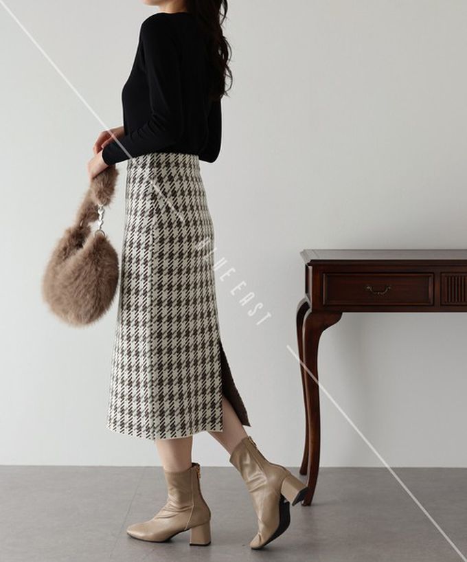 日本 BLUE EAST - 氣質千鳥格針織開叉合身長裙-黑灰