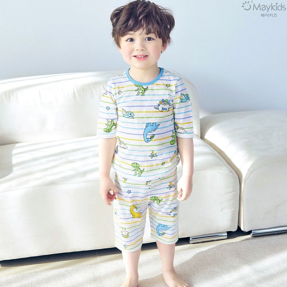 輕薄細柔棉七分袖家居服-色線條紋孔龍-淺藍