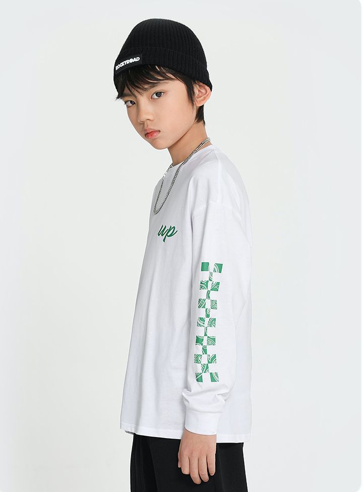 純棉長袖上衣-英文字母格紋款-深藍色