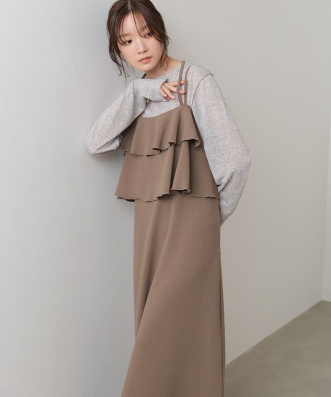 日本 Bab - 優雅綁帶層疊喬其紗細肩帶洋裝-象牙米