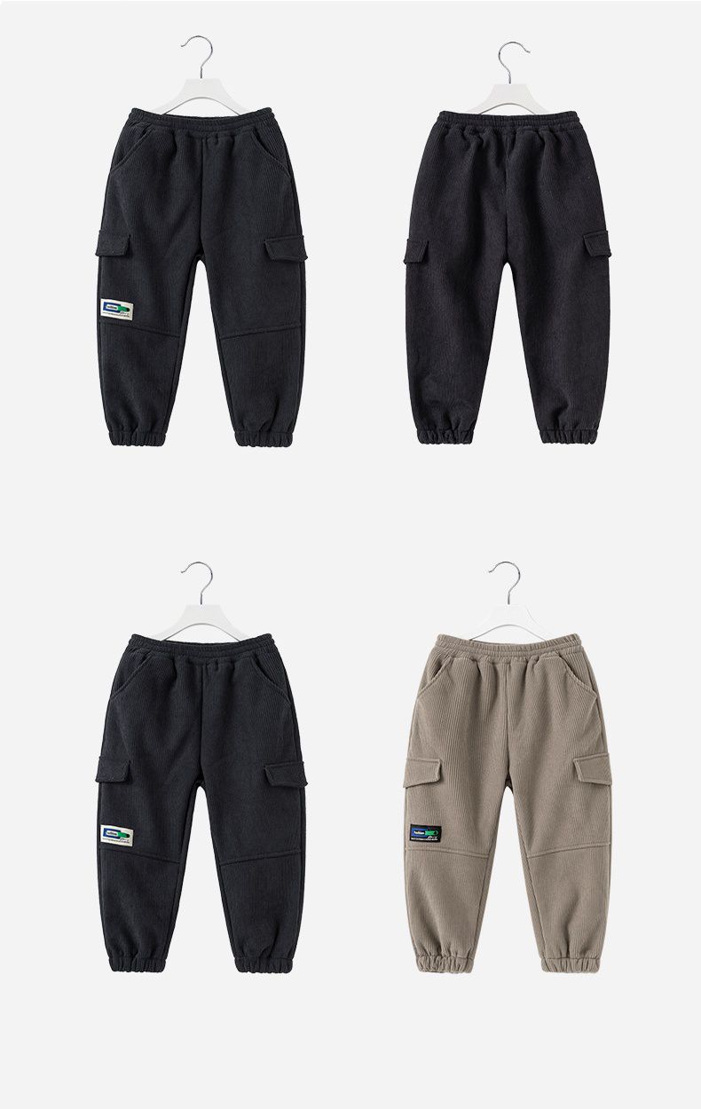 加絨腰鬆緊休閒工裝保暖長褲-小小標籤-奶咖啡色