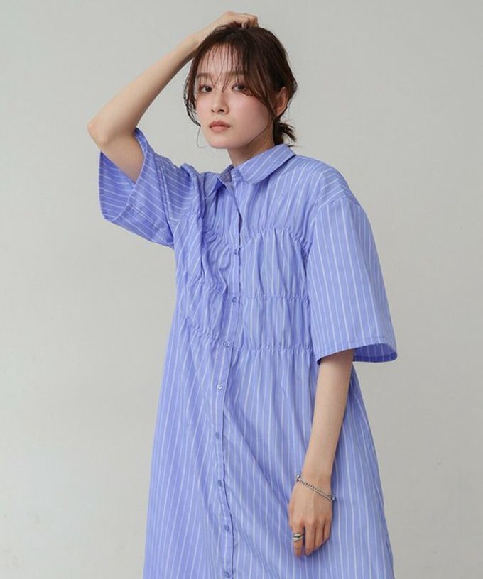 日本 Bab - 時尚抓皺襯衫式五分袖洋裝-條紋-粉紅