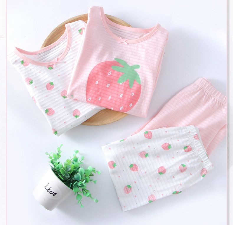 MAMDADKIDS - 竹節棉短袖套裝/家居服-滿園草莓-白色