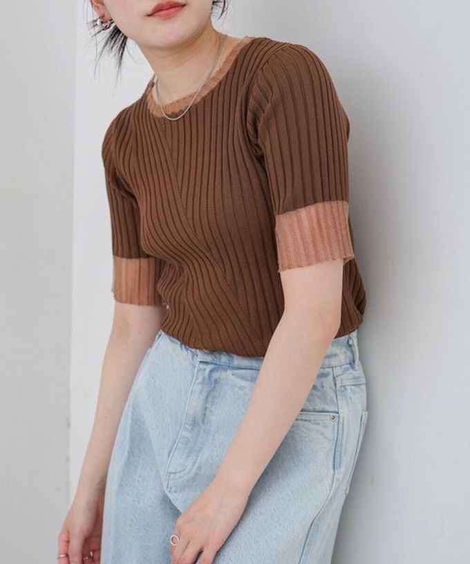 日本 Bab - 柔美異材質顯瘦羅紋五分袖上衣-炭灰