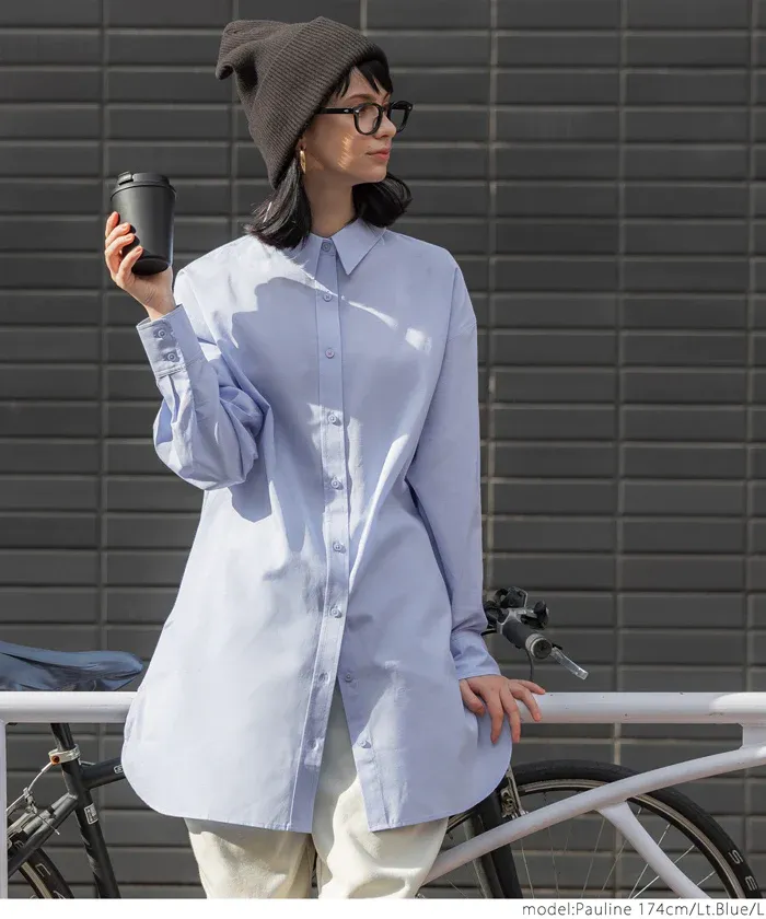 日本 COCA - 簡約落肩翻領長袖襯衫-條紋-水藍