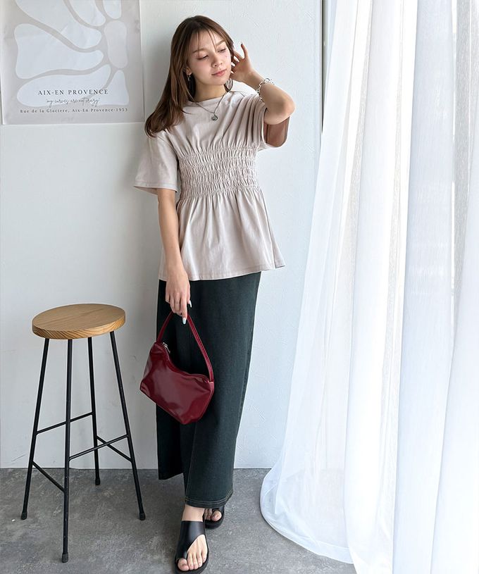 日本 Classical Elf - 魅力腰皺摺修身短袖上衣-黑