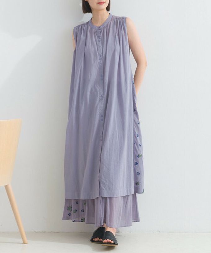 日本 Lupilien - 100%印度棉 優美植物側邊刺繡無袖洋裝-紫