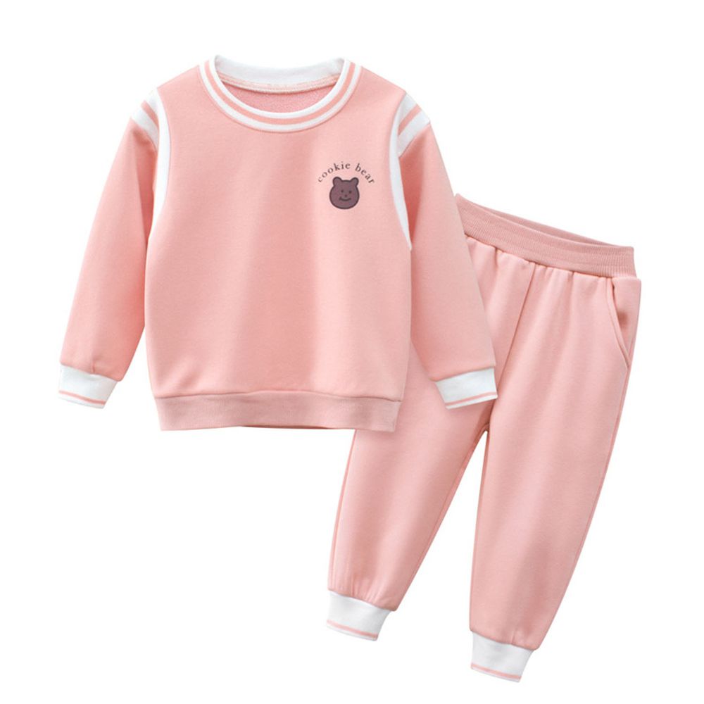 加絨棉質長袖運動套裝-小熊-粉色