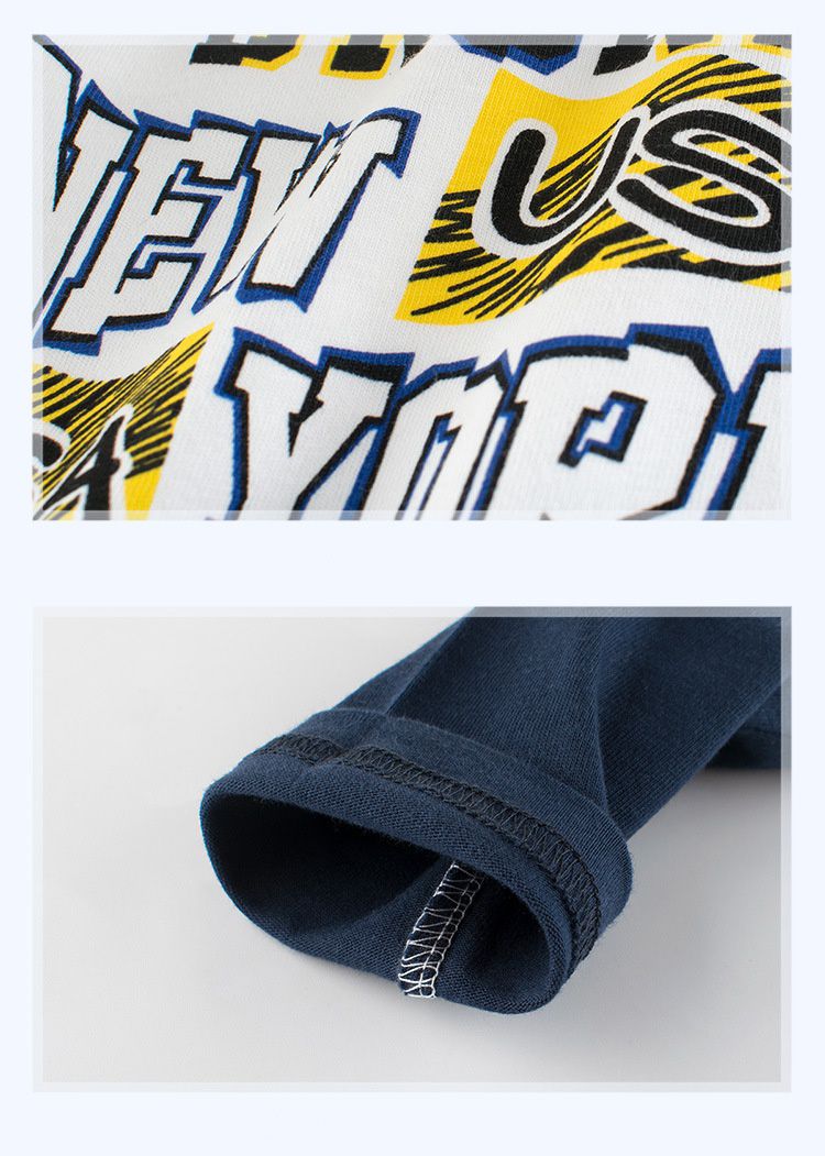 純棉長袖上衣-new york字母-白色x藍色