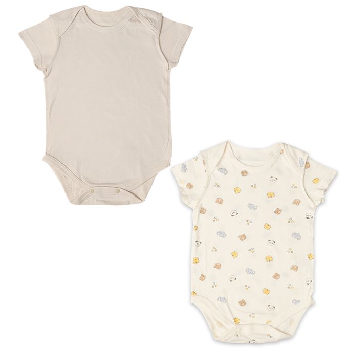 akachan honpo - 短袖套頭式速乾包屁衣-2件組 動物-淺卡其色