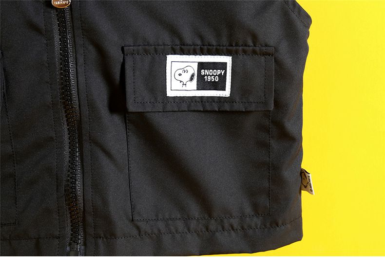 卡通人物史努比帥氣工裝長袖套裝(三件組)-黑色-背心+上衣+長褲