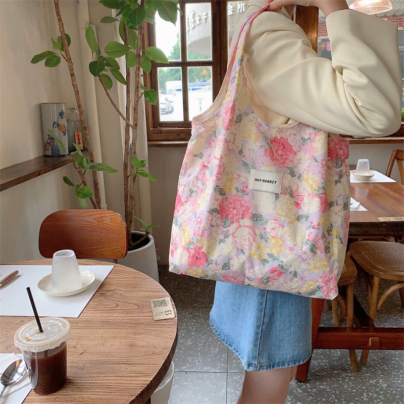 碎花休閒布袋/單肩包-牡丹花-粉色 (41x31+24cm)