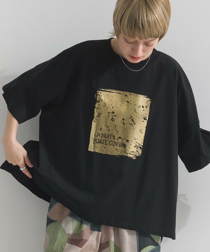 日本 le colis - 接觸冷感 金銀箔方塊印花T恤-橘