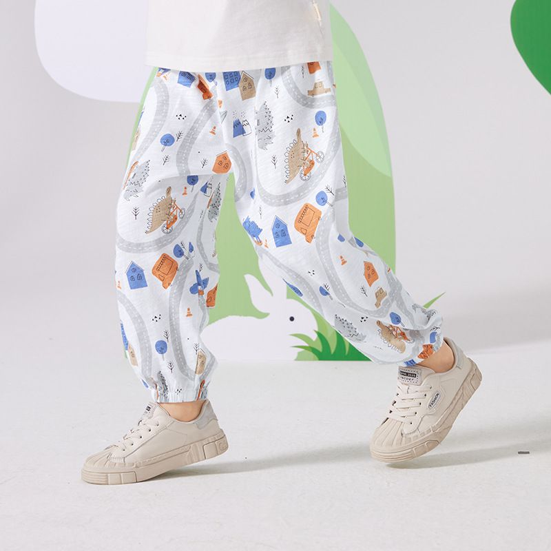 純棉束口長褲/防蚊褲-恐龍城鎮-白色