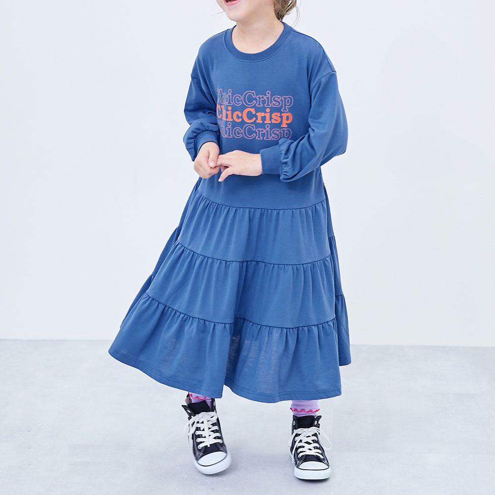 簡約英文logo分層飄逸長袖洋裝-寶藍