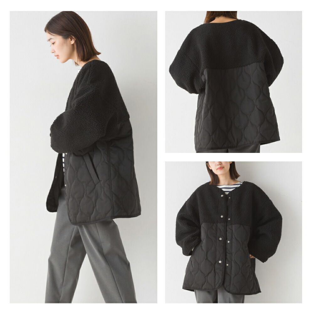 日本 OMNES - 絎縫拼接短絨鋪棉外套-象牙杏