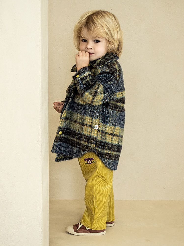 韓國Pimpollo - 藍格紋襯衫型保暖外套-黃