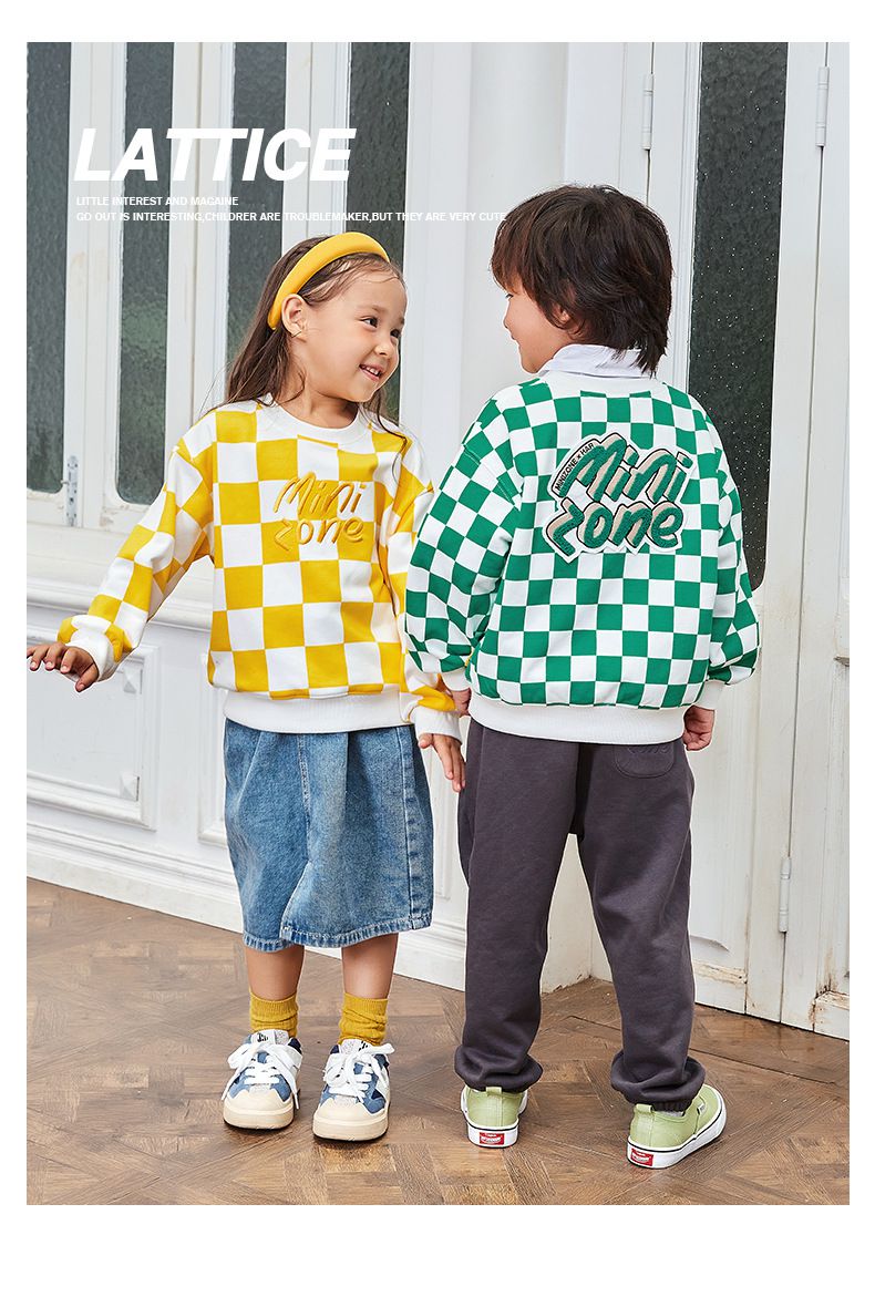 Minizone - 格紋圓領長袖上衣-英文字母-綠+白