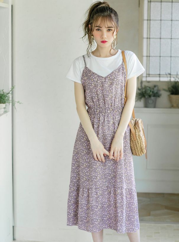 日本 GRL - 短袖上衣x浪漫碎花收腰吊帶裙2件組-丁香紫 (M)