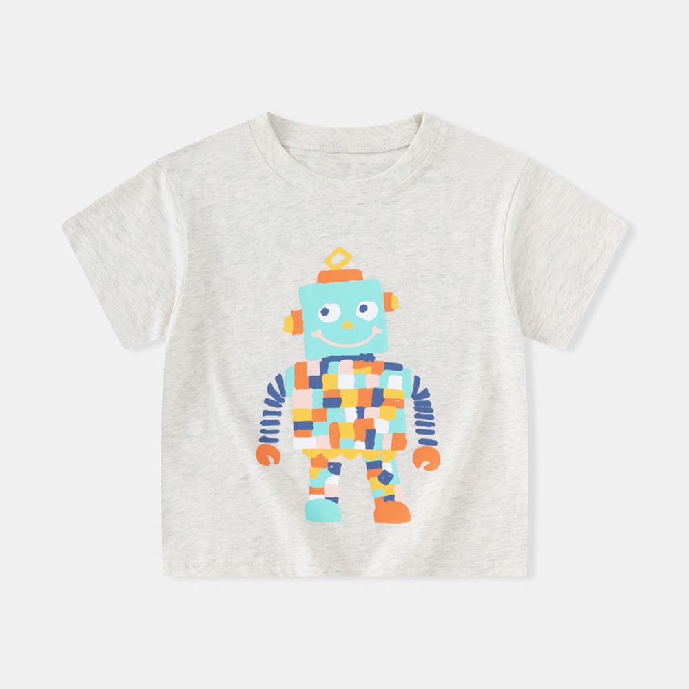 純棉短袖上衣-格子機器人-花灰