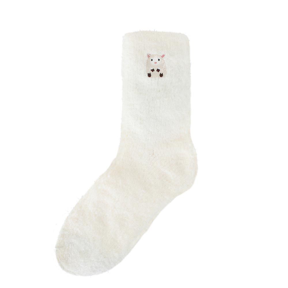 日本 TOMO - 可愛動物刺繡毛絨保暖襪-小綿羊-奶油