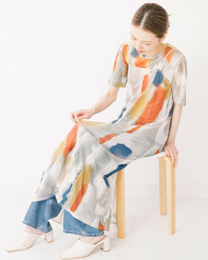 日本 gleam - 水彩暈染風透膚薄紗短袖上衣-深藍系