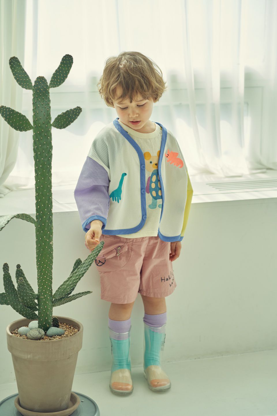 韓國 Mimico - 三色恐龍拼接色小外套-紫X黃