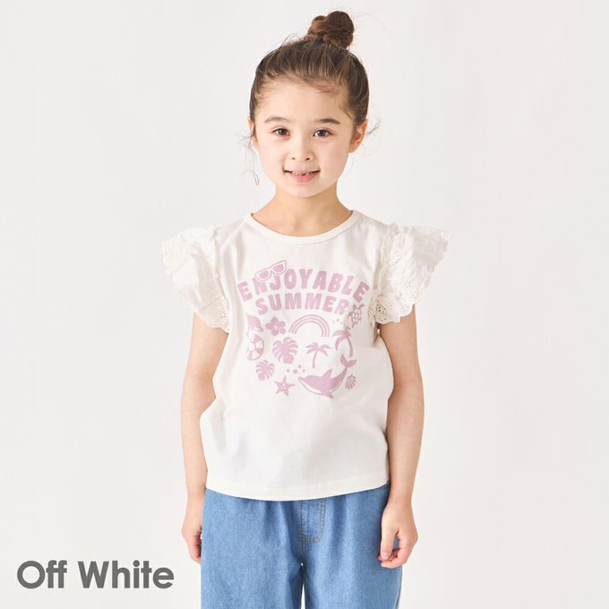 日本 evercloset - 100%棉 蕾絲荷葉邊印花短袖上衣-水藍