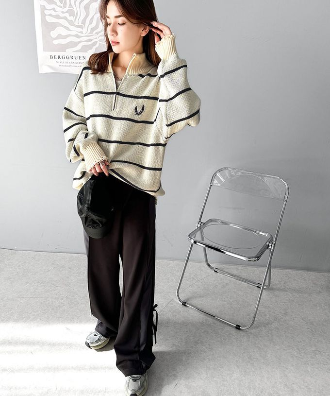 日本 Classical Elf - 半拉鍊寬版不修邊條紋針織上衣-黑