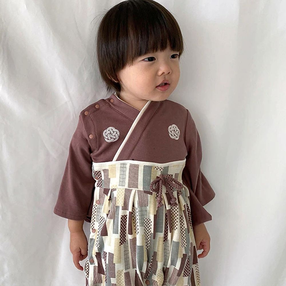 日本 ZOOLAND - 日本傳統袴/和服(連身衣式)附贈襪子-拼貼-紫褐 (90)