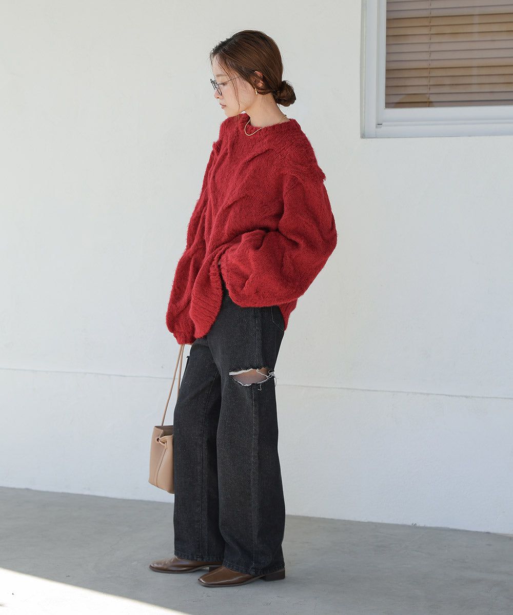 日本 Bab - 季節感立體麻花大寬袖針織上衣-深灰