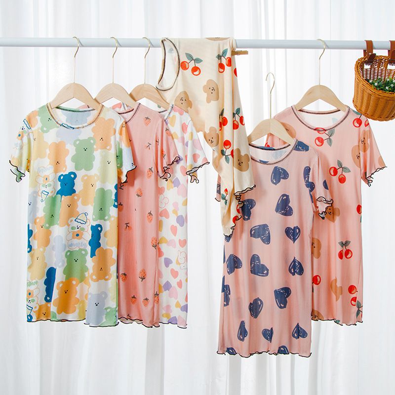 冰絲涼感木耳邊連身睡裙/家居服-軟糖熊熊-白色