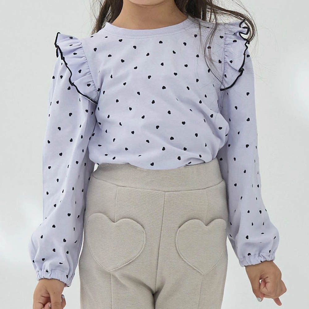 100%棉 浪漫荷葉肩滿版印花長袖上衣-愛心-紫