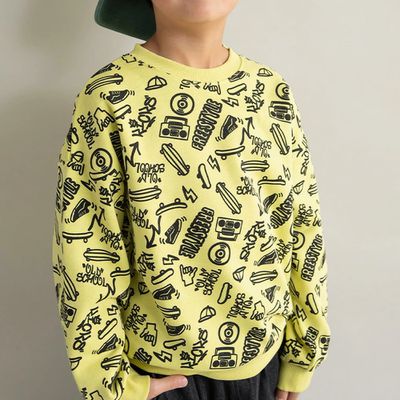 日本 BRANSHES - 街頭塗鴉風裏起毛長袖上衣-滿版圖騰-萊姆黃
