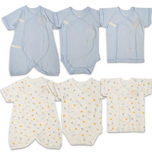 akachan honpo - 新生兒網眼內衣6件組-按扣款 短袖、7分袖-淺藍色 (50~60cm)