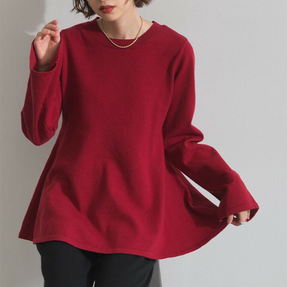 成熟傘擺腰線針織長袖上衣-紅