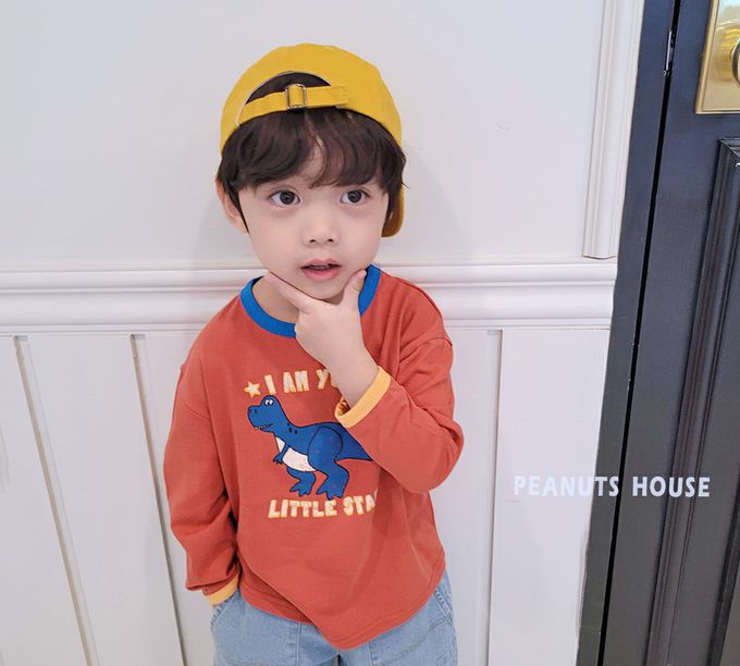 韓國 Peanuts House - 呆萌恐龍印長袖上衣-磚紅