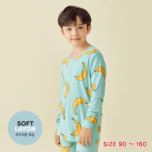韓國 Unifriend - 純棉家居服-人造絲長袖款-藍底美味香蕉