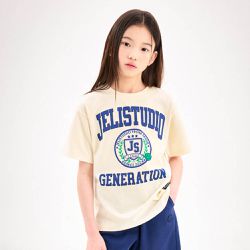 韓國 JELISTUDIO - 學院文字圖案純棉短袖上衣-米黃