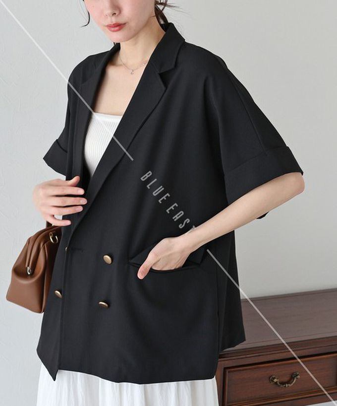 日本 BLUE EAST - 亞麻感氣質金釦短袖西裝外套-象牙白