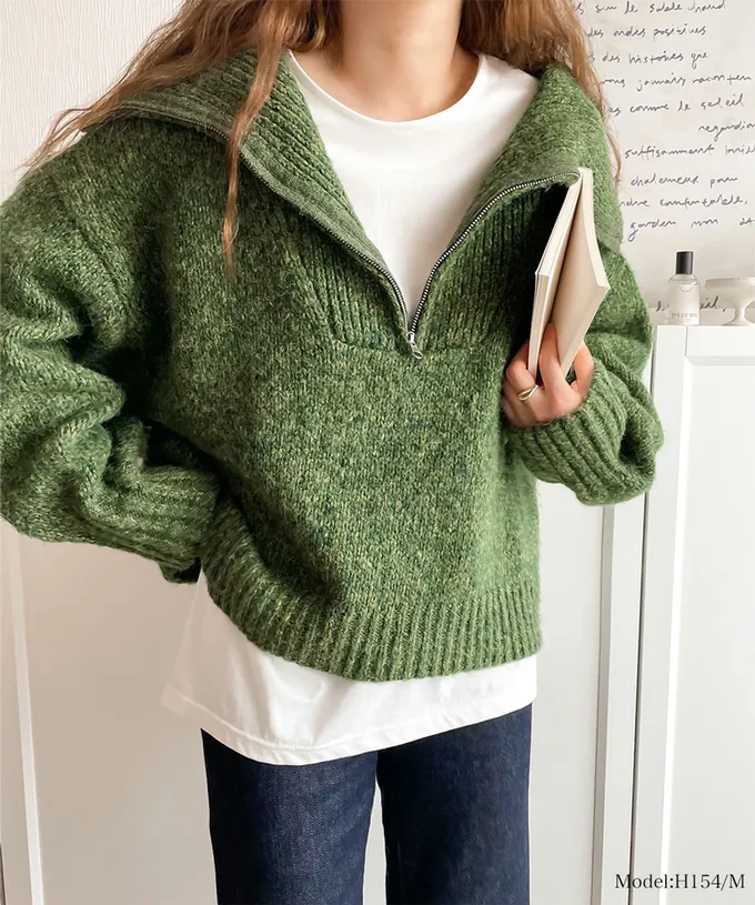 日本 Classical Elf - Java 半拉鏈率性寬鬆素面毛衣-米杏