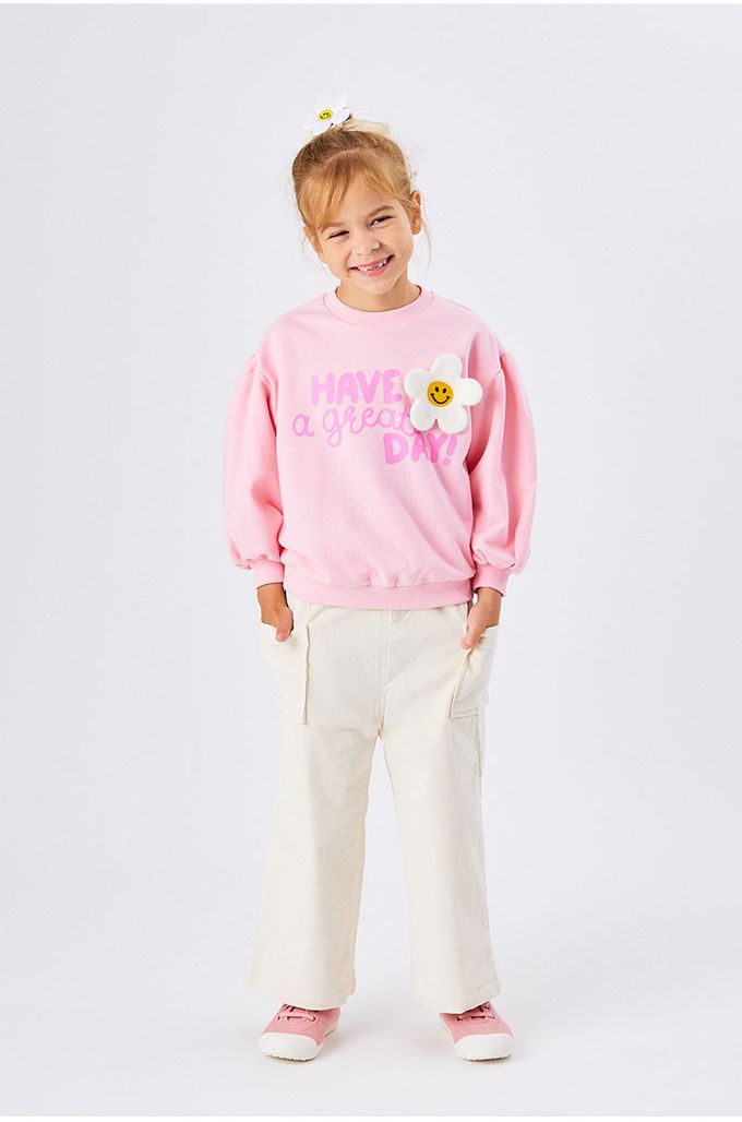 韓國 OZKIZ - 微笑花裝飾長袖大學T-粉