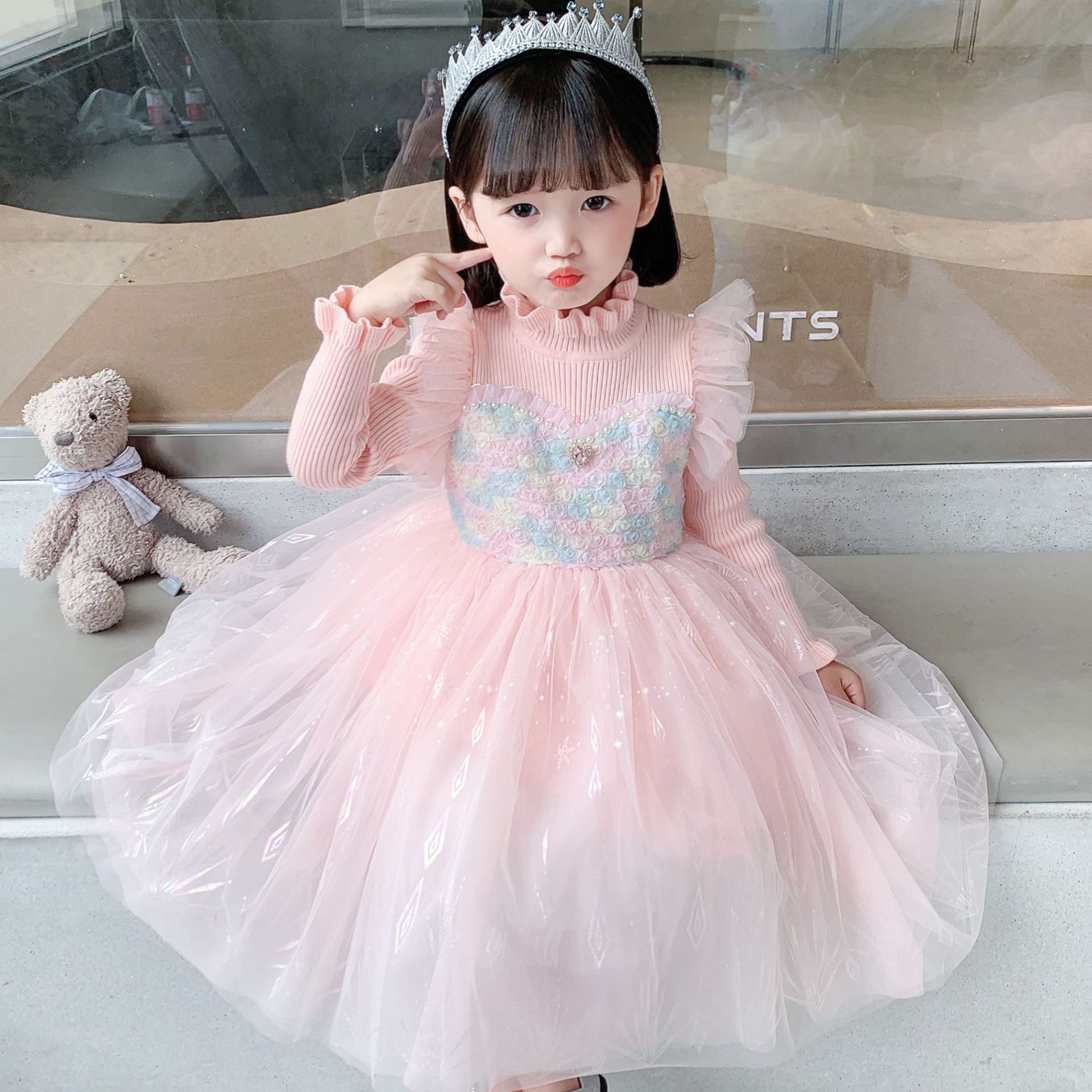 粉嫩玫瑰毛衣紗裙-粉色